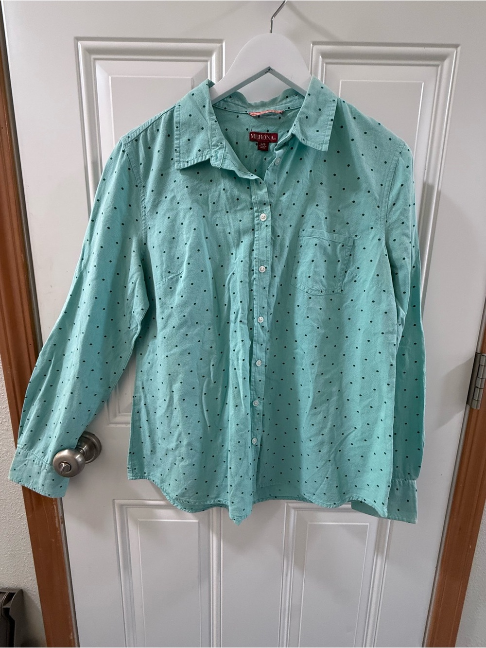 Women’s Mint Green Long-Sleeve Cotton Button-Up Shirt - Polka Dot